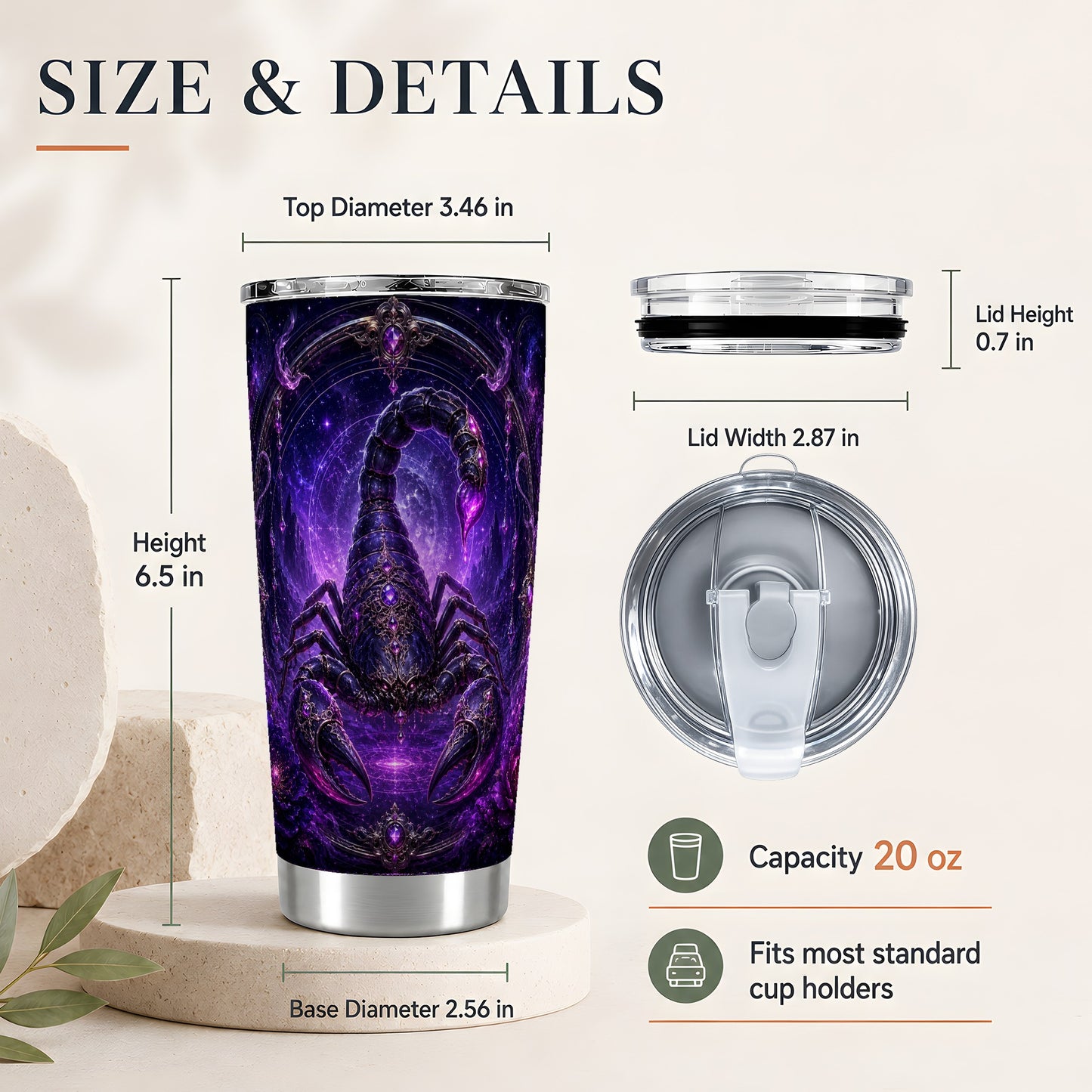 #pl[20oz|Steel] Scorpio Zodiac 20oz Skinny Tumbler, Purple Celestial Scorpion Art