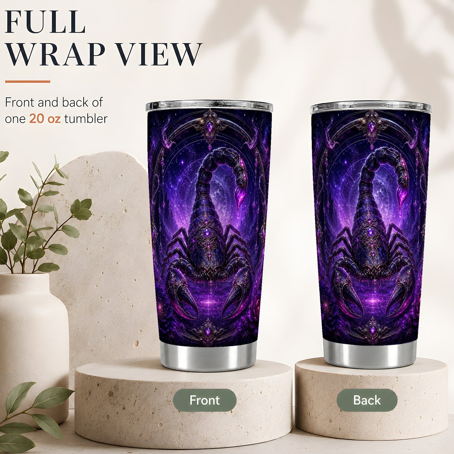 #pl[20oz|Steel] Scorpio Zodiac 20oz Skinny Tumbler, Purple Celestial Scorpion Art