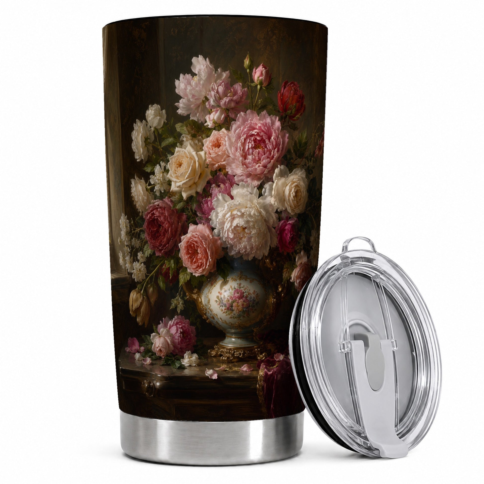 Vintage Floral 20oz Skinny Tumbler, Romantic Rose Peony Still Life