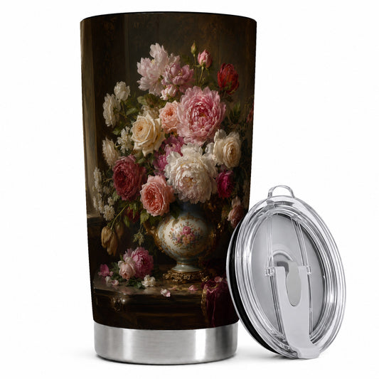 Vintage Floral 20oz Skinny Tumbler, Romantic Rose Peony Still Life