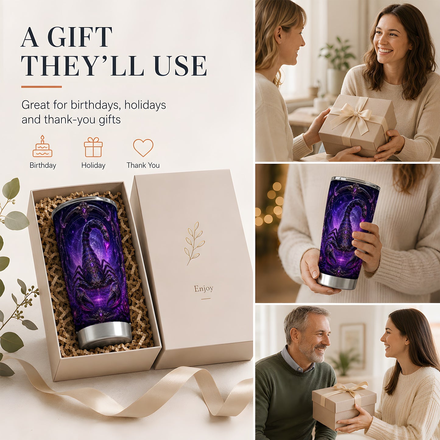 #pl[20oz|Steel] Scorpio Zodiac 20oz Skinny Tumbler, Purple Celestial Scorpion Art