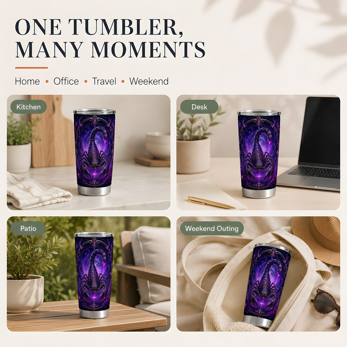 #pl[20oz|Steel] Scorpio Zodiac 20oz Skinny Tumbler, Purple Celestial Scorpion Art