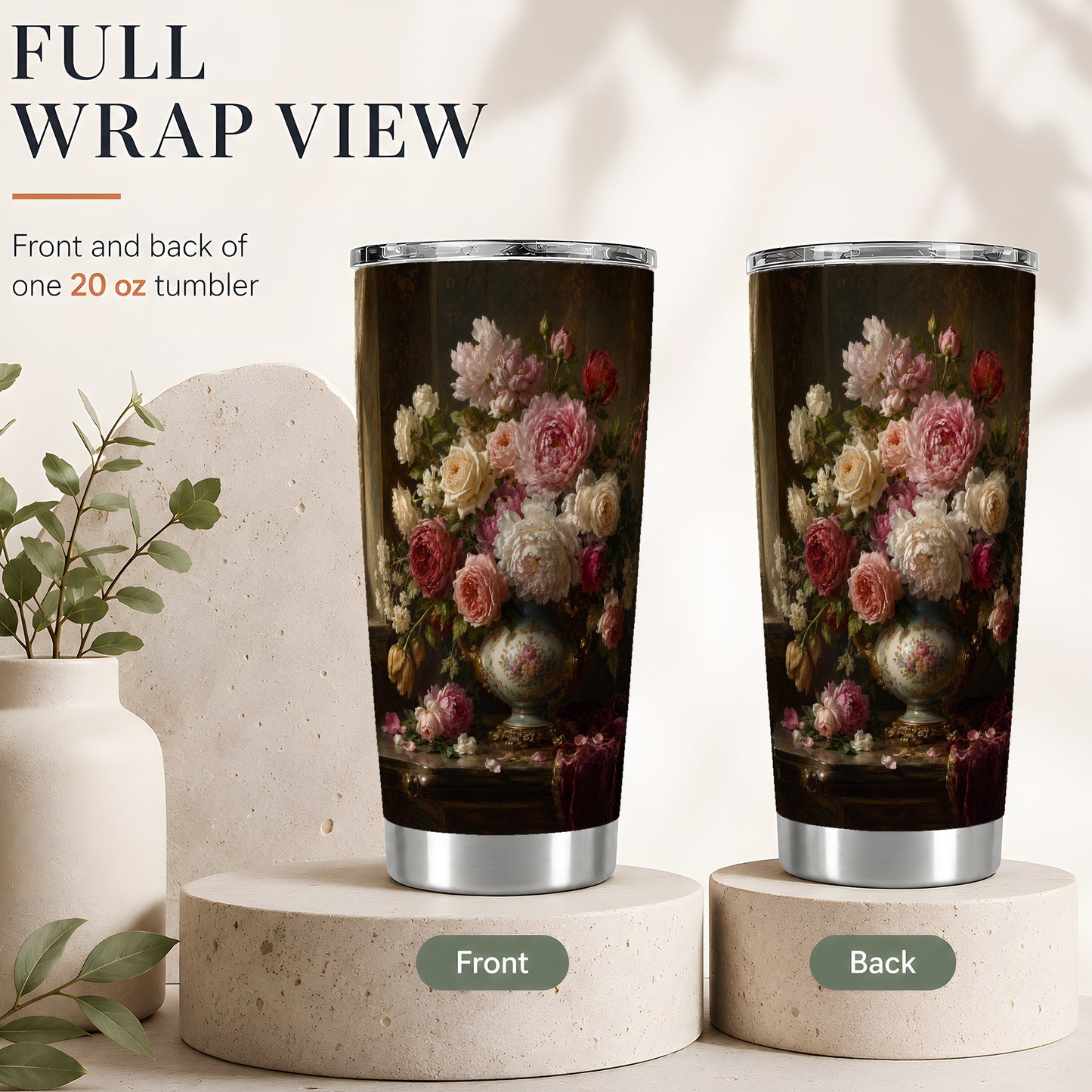 #pl[20oz|Steel] Vintage Floral 20oz Skinny Tumbler, Romantic Rose Peony Still Life