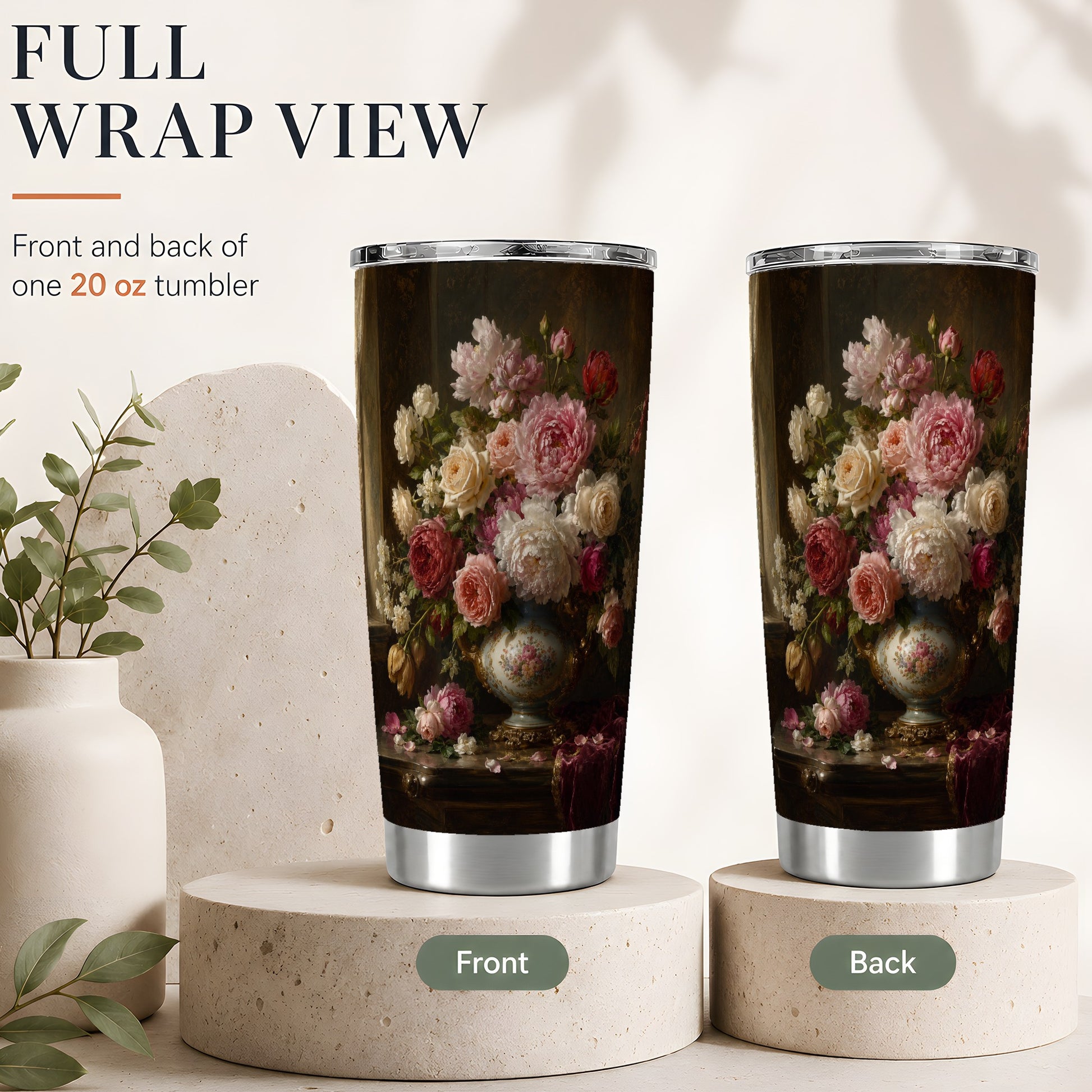 #pl[20oz|Steel] Vintage Floral 20oz Skinny Tumbler, Romantic Rose Peony Still Life