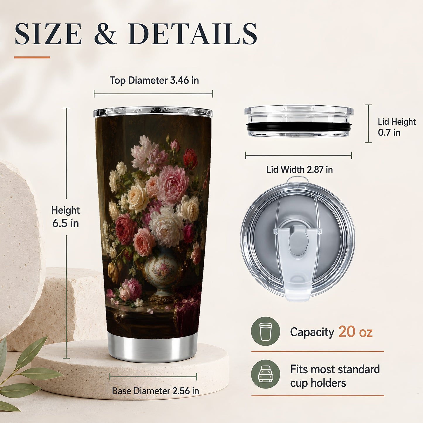 #pl[20oz|Steel] Vintage Floral 20oz Skinny Tumbler, Romantic Rose Peony Still Life