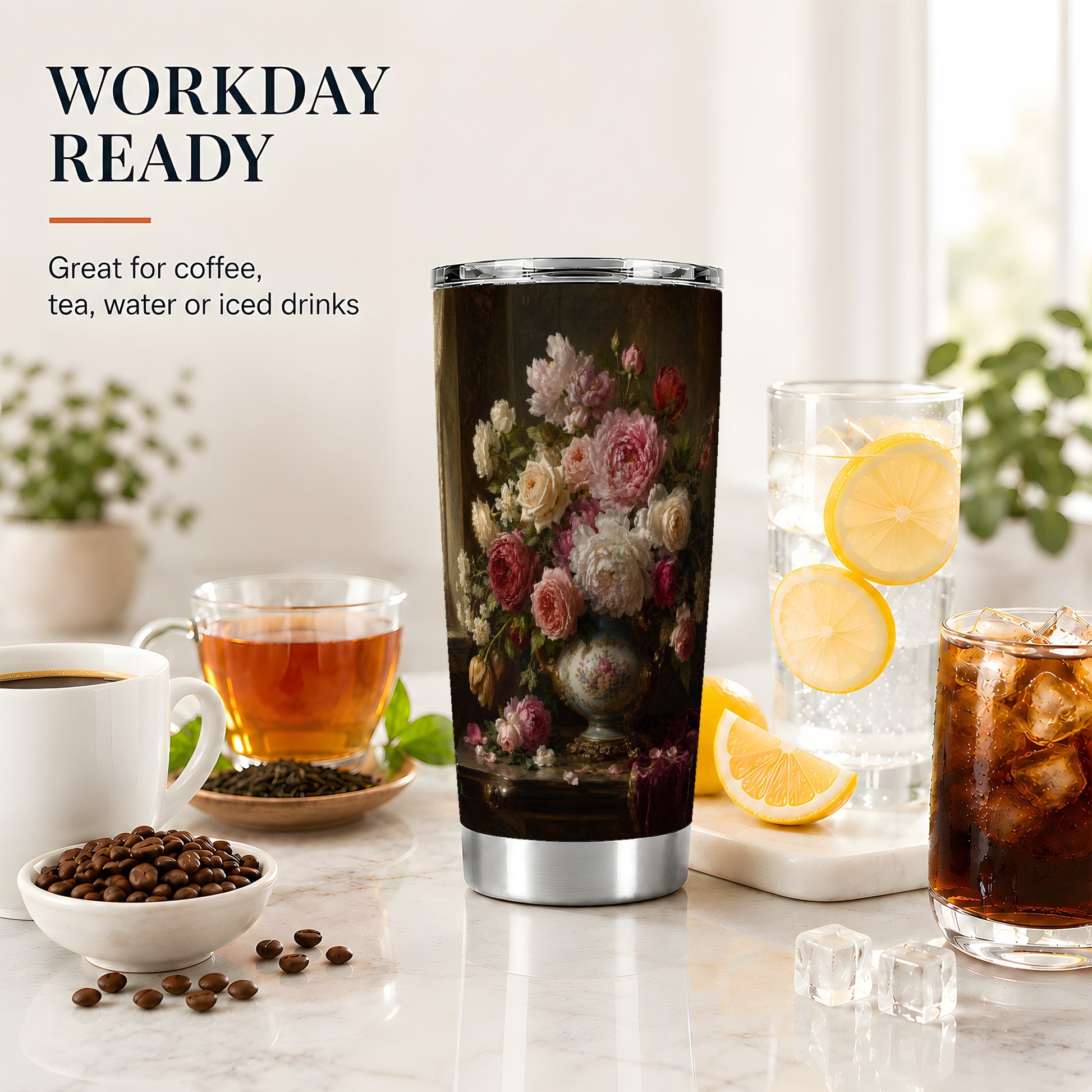 #pl[20oz|Steel] Vintage Floral 20oz Skinny Tumbler, Romantic Rose Peony Still Life
