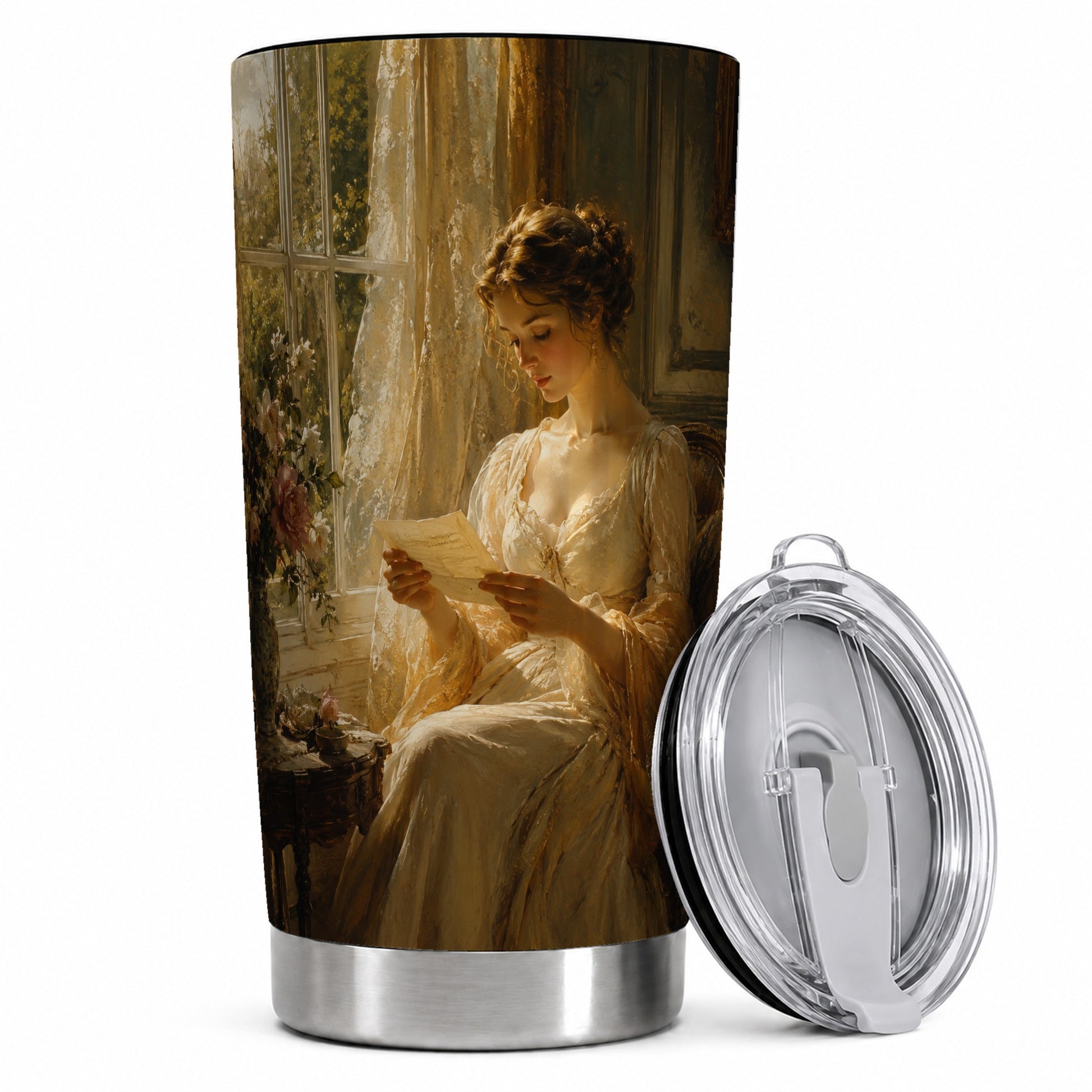 Romantic Reader 20oz Skinny Tumbler, Sunlit Vintage Letter Scene