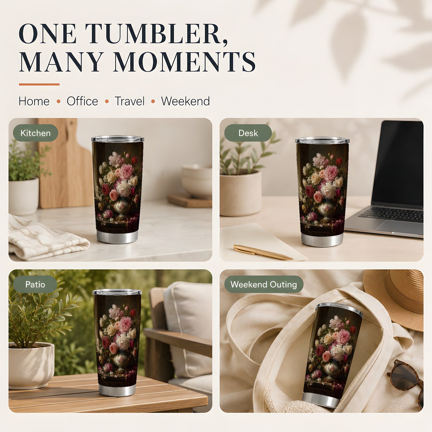 #pl[20oz|Steel] Vintage Floral 20oz Skinny Tumbler, Romantic Rose Peony Still Life