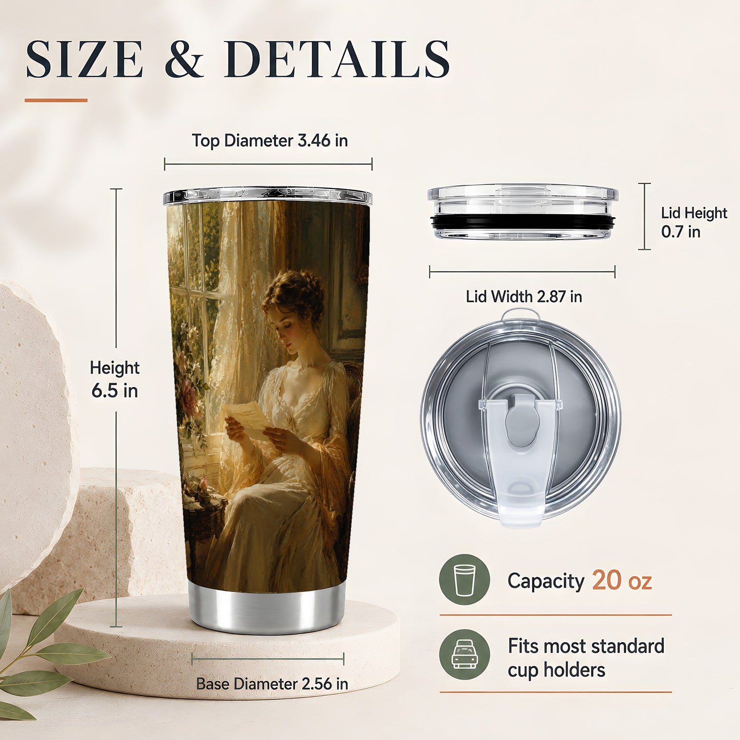 #pl[20oz|Steel] Romantic Reader 20oz Skinny Tumbler, Sunlit Vintage Letter Scene