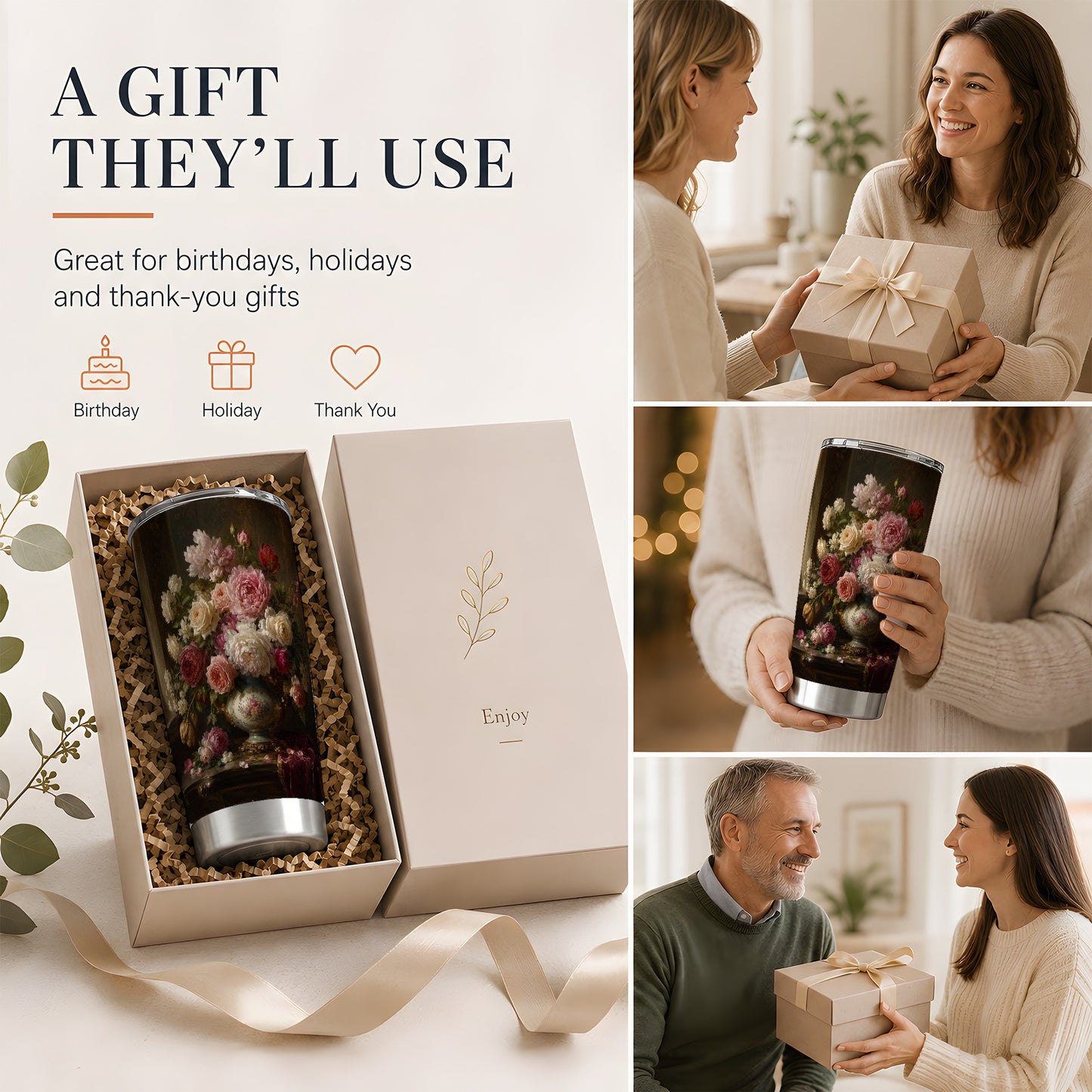 #pl[20oz|Steel] Vintage Floral 20oz Skinny Tumbler, Romantic Rose Peony Still Life