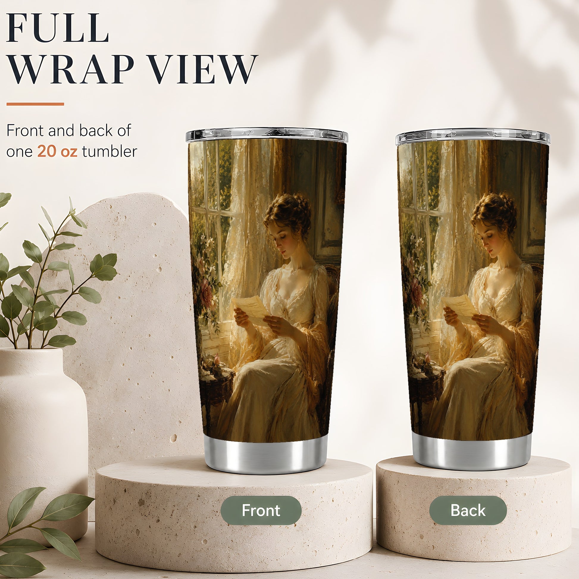 #pl[20oz|Steel] Romantic Reader 20oz Skinny Tumbler, Sunlit Vintage Letter Scene