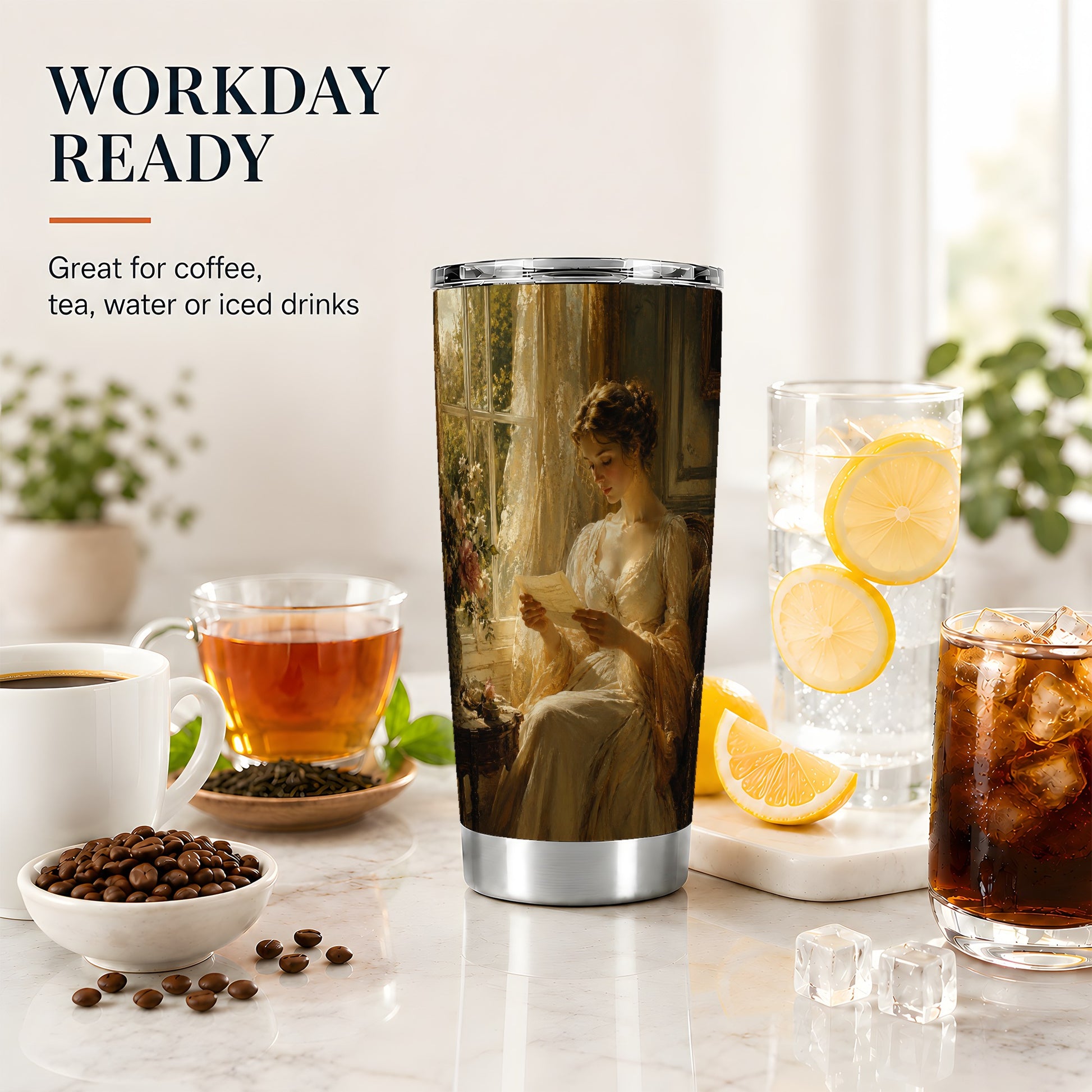 #pl[20oz|Steel] Romantic Reader 20oz Skinny Tumbler, Sunlit Vintage Letter Scene