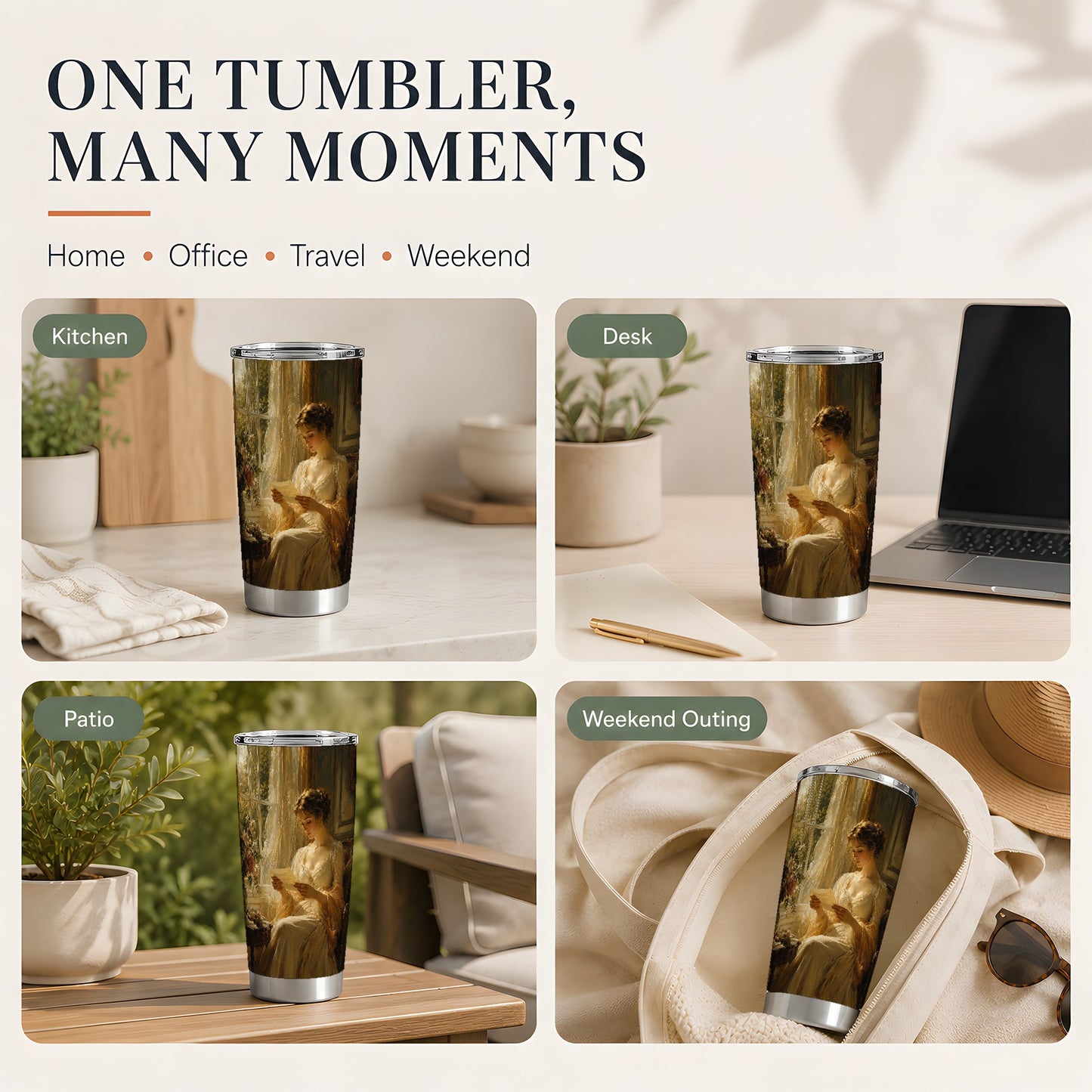 #pl[20oz|Steel] Romantic Reader 20oz Skinny Tumbler, Sunlit Vintage Letter Scene