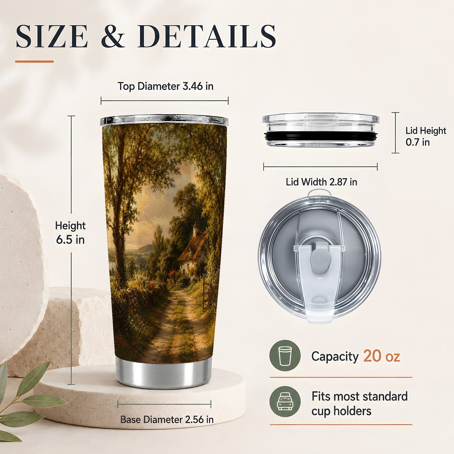 #pl[20oz|Steel] Cottage Countryside 20oz Skinny Tumbler, Golden Garden Path Scene