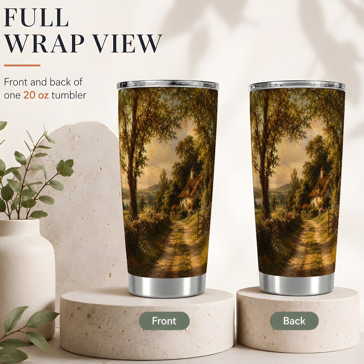#pl[20oz|Steel] Cottage Countryside 20oz Skinny Tumbler, Golden Garden Path Scene