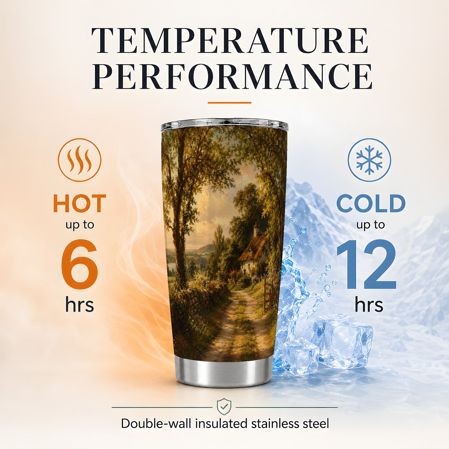 #pl[20oz|Steel] Cottage Countryside 20oz Skinny Tumbler, Golden Garden Path Scene