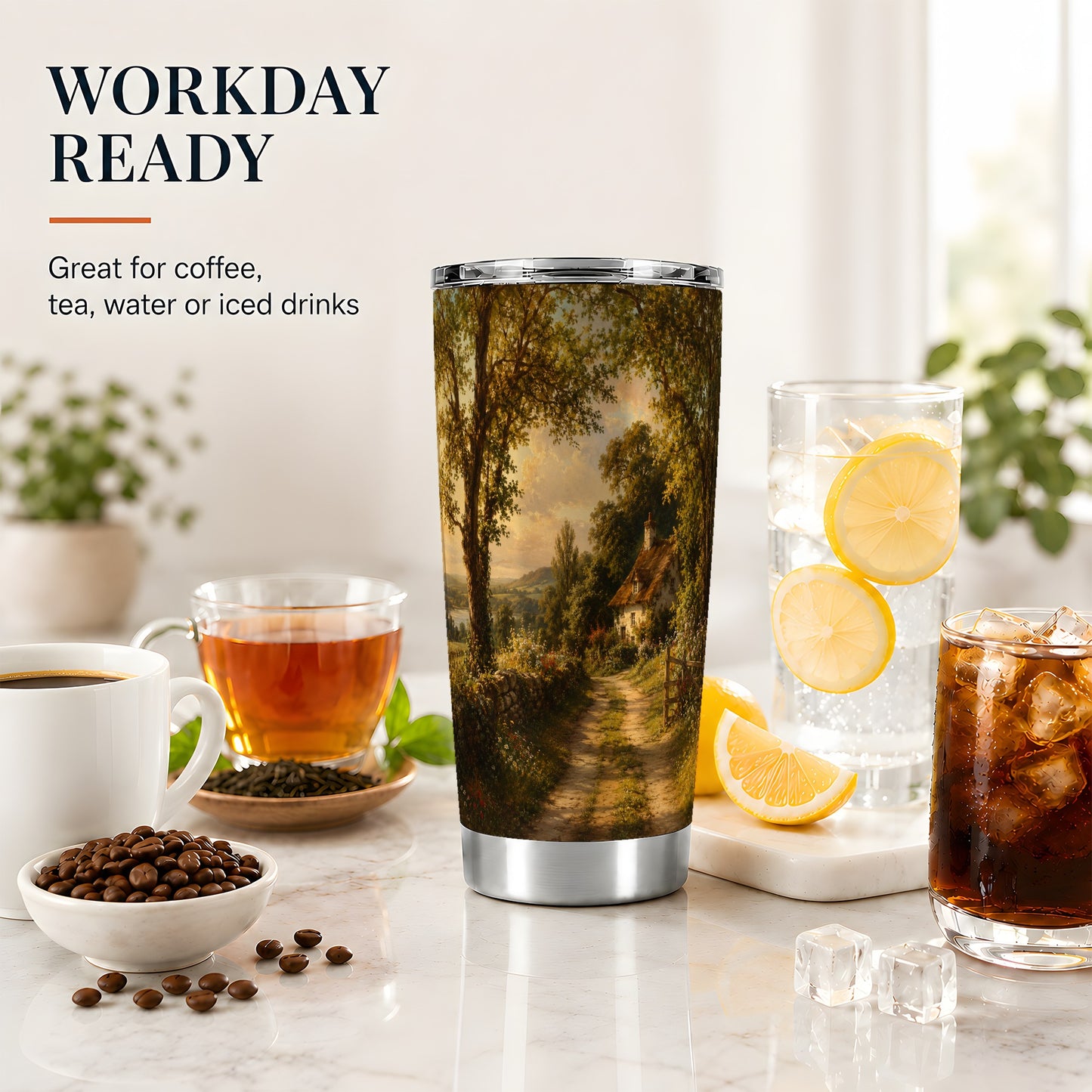 #pl[20oz|Steel] Cottage Countryside 20oz Skinny Tumbler, Golden Garden Path Scene