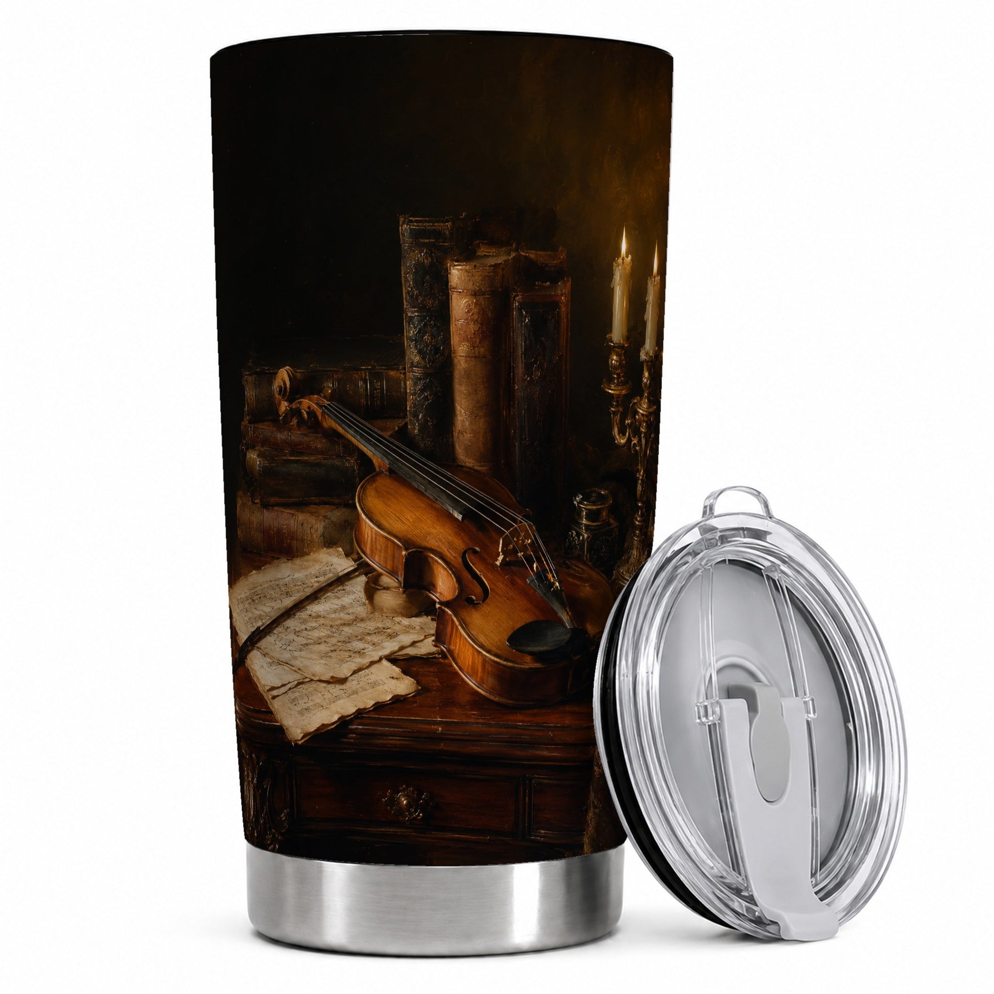 Violin Still Life 20oz Skinny Tumbler, Candlelit Books and Music