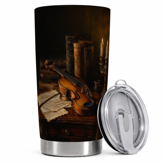 Violin Still Life 20oz Skinny Tumbler, Candlelit Books and Music
