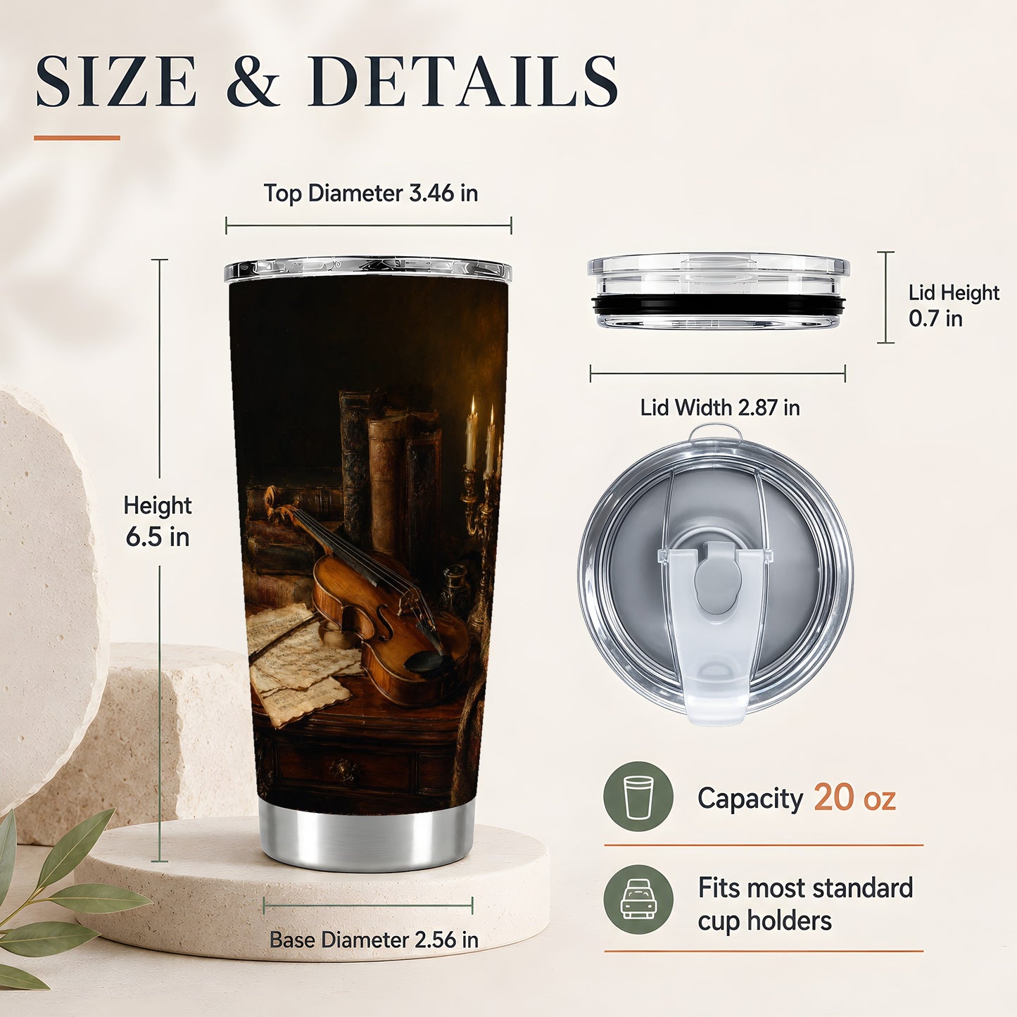 #pl[20oz|Steel] Violin Still Life 20oz Skinny Tumbler, Candlelit Books and Music