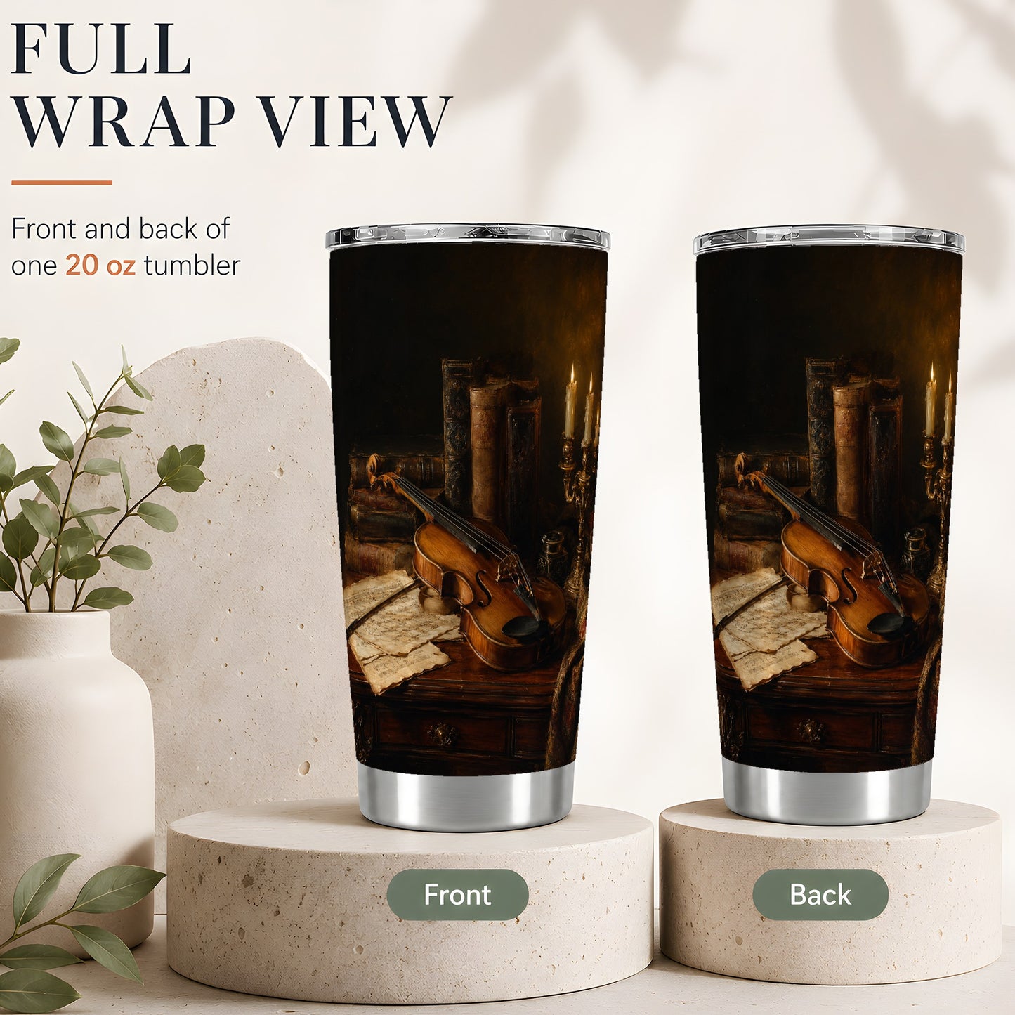 #pl[20oz|Steel] Violin Still Life 20oz Skinny Tumbler, Candlelit Books and Music