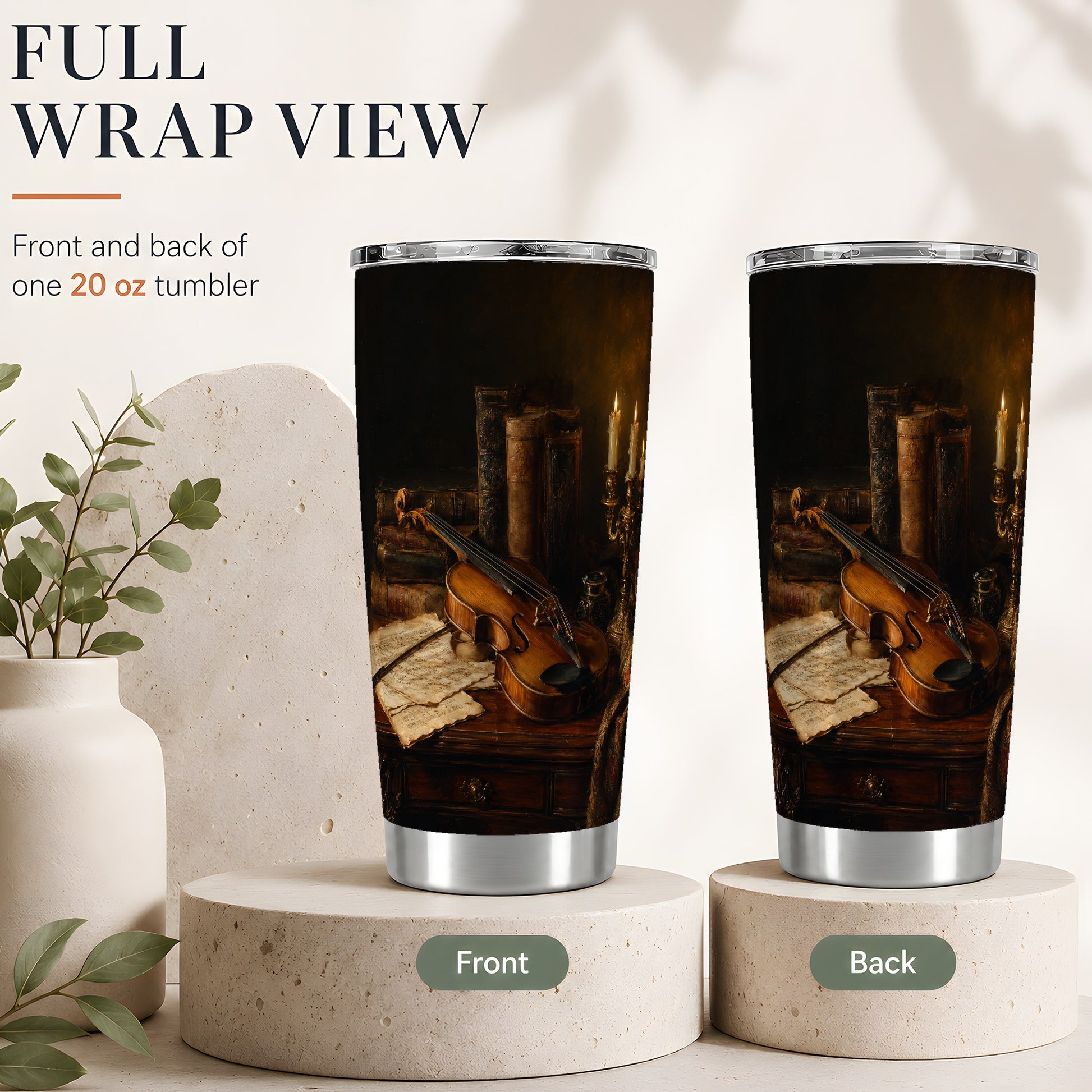#pl[20oz|Steel] Violin Still Life 20oz Skinny Tumbler, Candlelit Books and Music