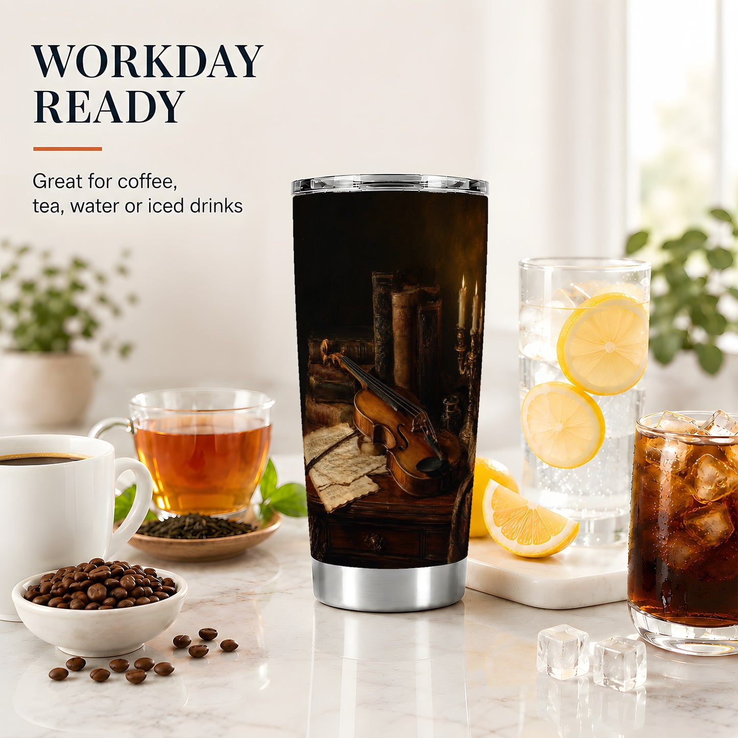 #pl[20oz|Steel] Violin Still Life 20oz Skinny Tumbler, Candlelit Books and Music