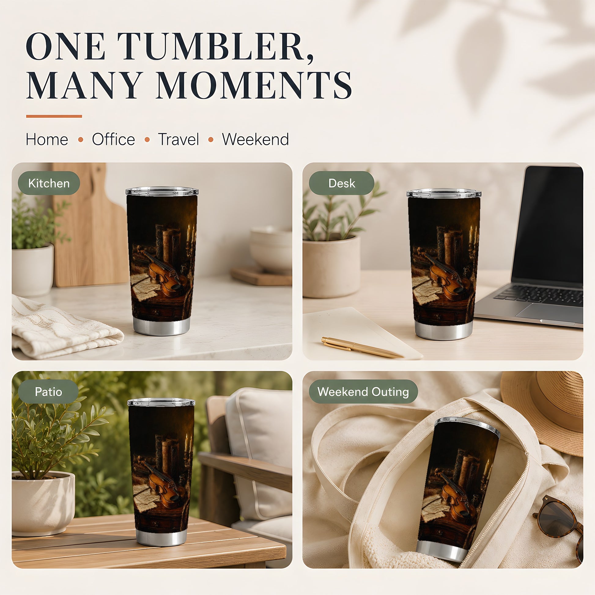 #pl[20oz|Steel] Violin Still Life 20oz Skinny Tumbler, Candlelit Books and Music