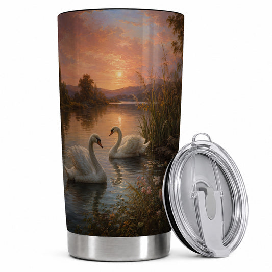 Swan Lake Sunset 20oz Skinny Tumbler, Romantic Roses Water Scene