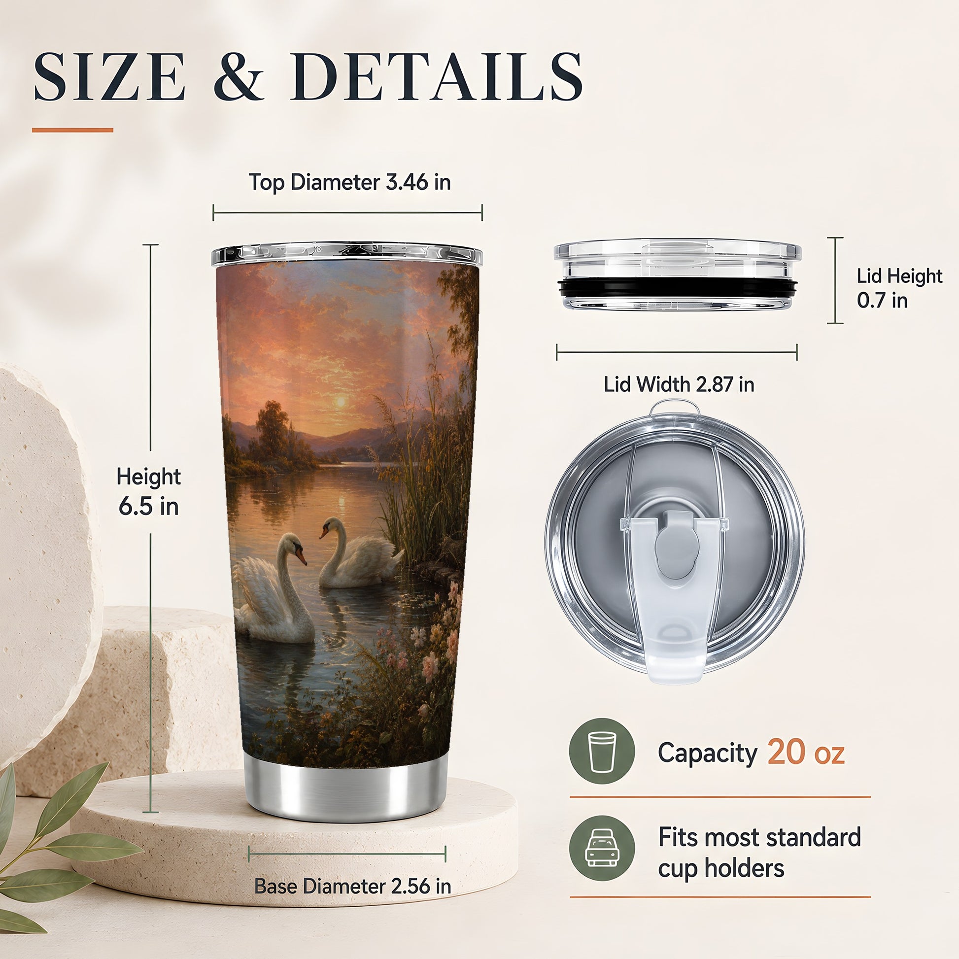 #pl[20oz|Steel] Swan Lake Sunset 20oz Skinny Tumbler, Romantic Roses Water Scene