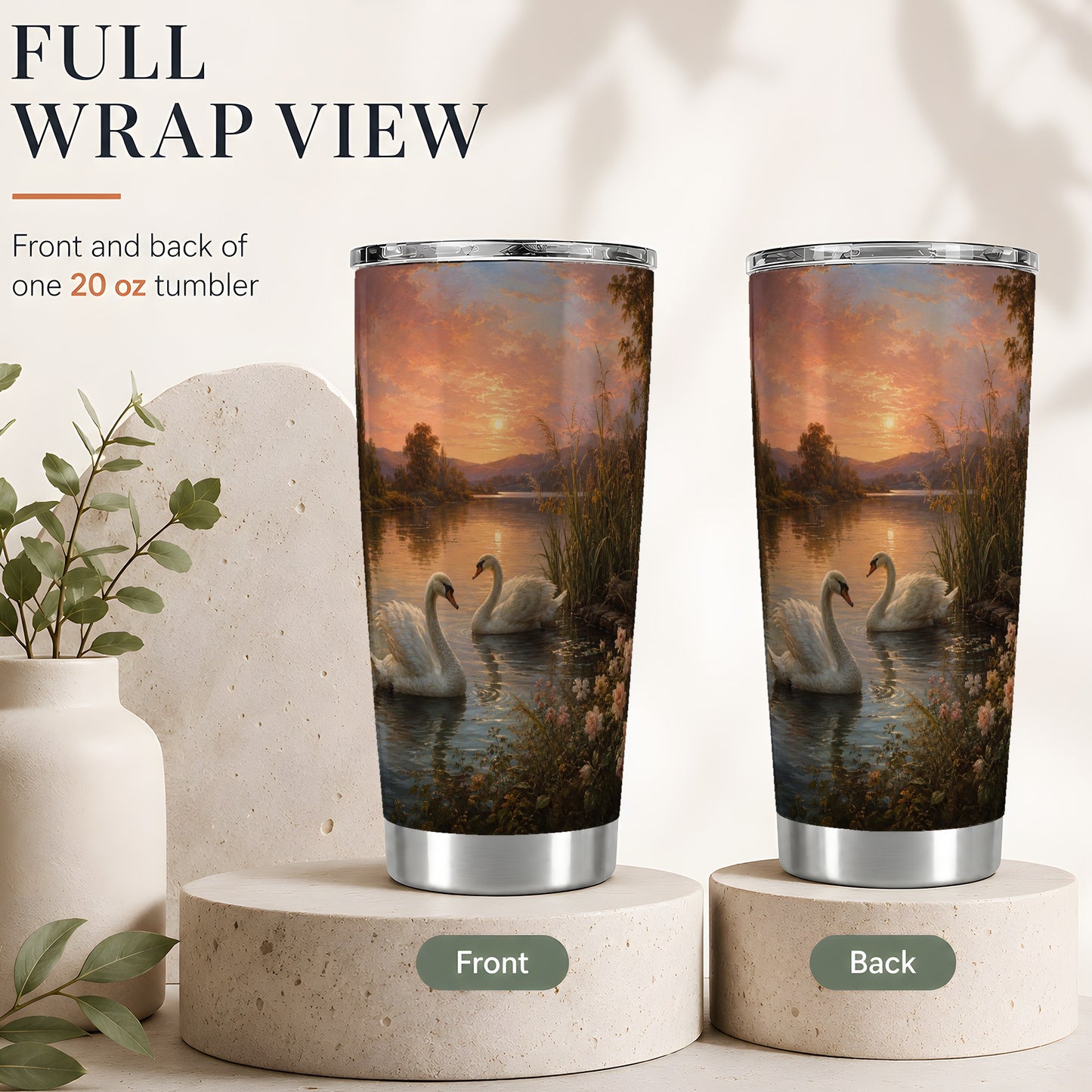 #pl[20oz|Steel] Swan Lake Sunset 20oz Skinny Tumbler, Romantic Roses Water Scene
