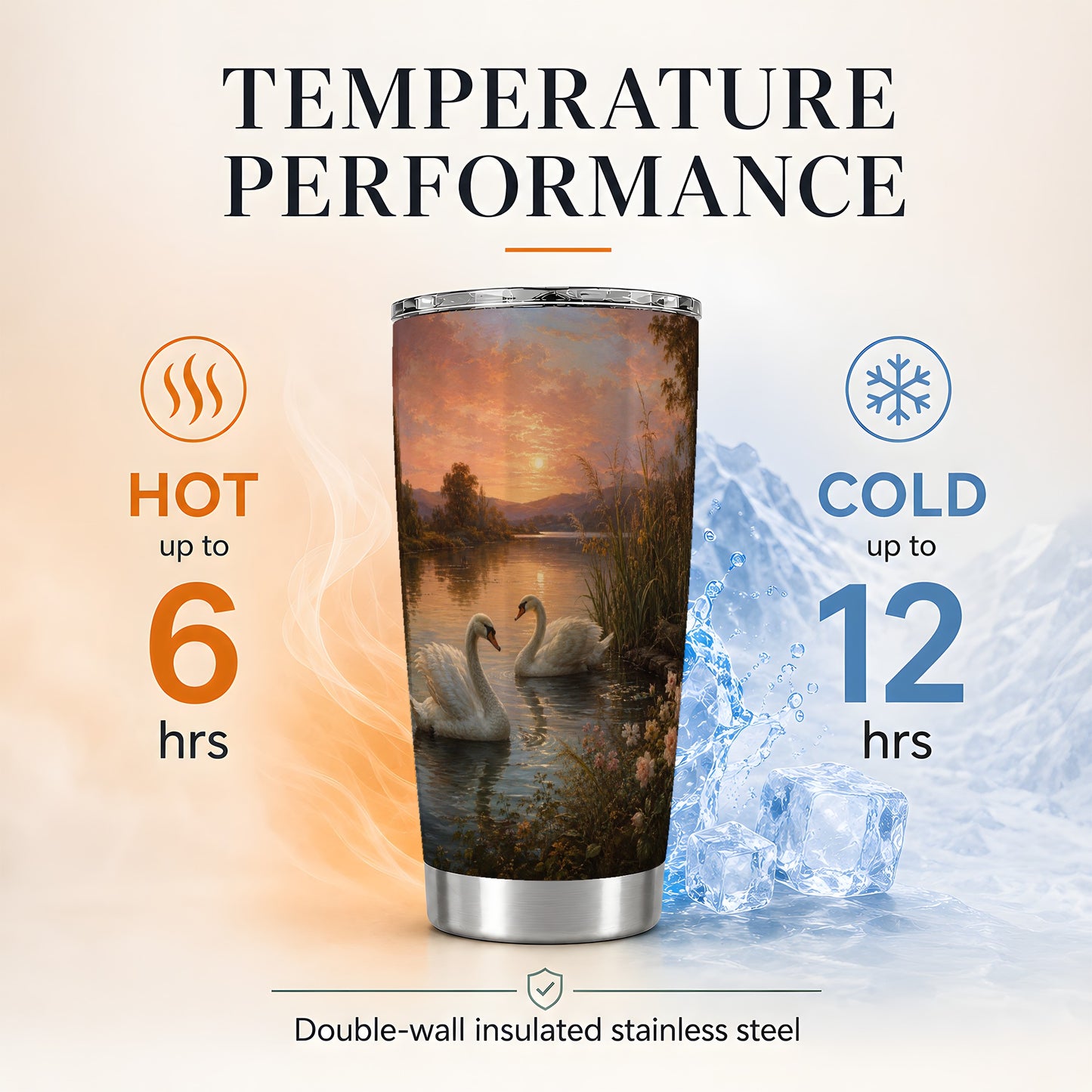 #pl[20oz|Steel] Swan Lake Sunset 20oz Skinny Tumbler, Romantic Roses Water Scene