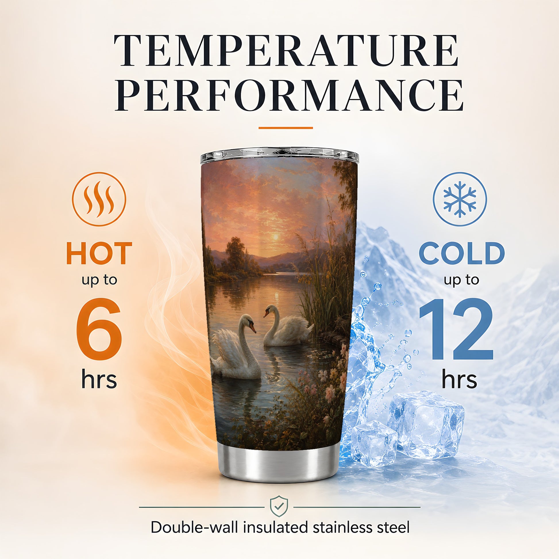 #pl[20oz|Steel] Swan Lake Sunset 20oz Skinny Tumbler, Romantic Roses Water Scene