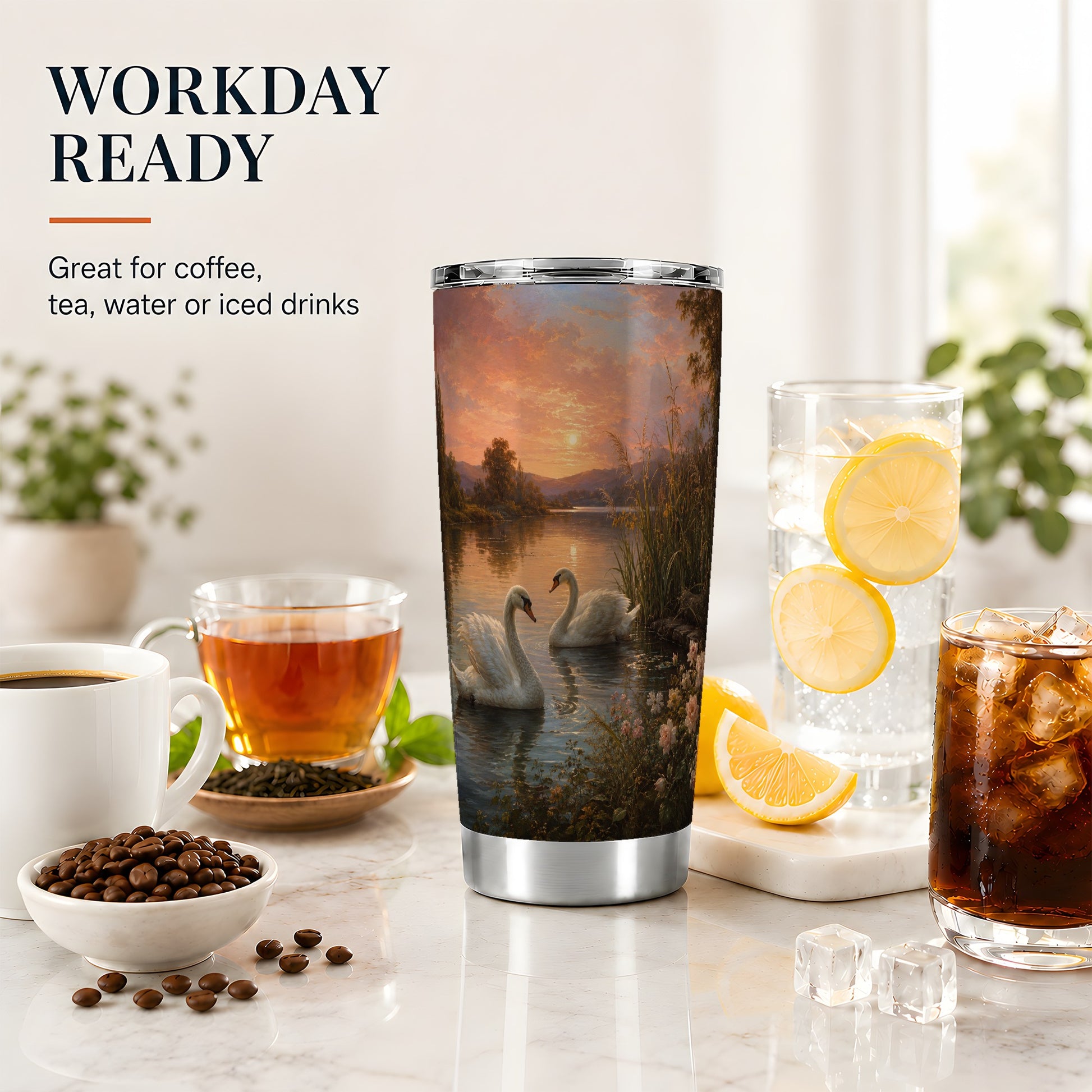 #pl[20oz|Steel] Swan Lake Sunset 20oz Skinny Tumbler, Romantic Roses Water Scene