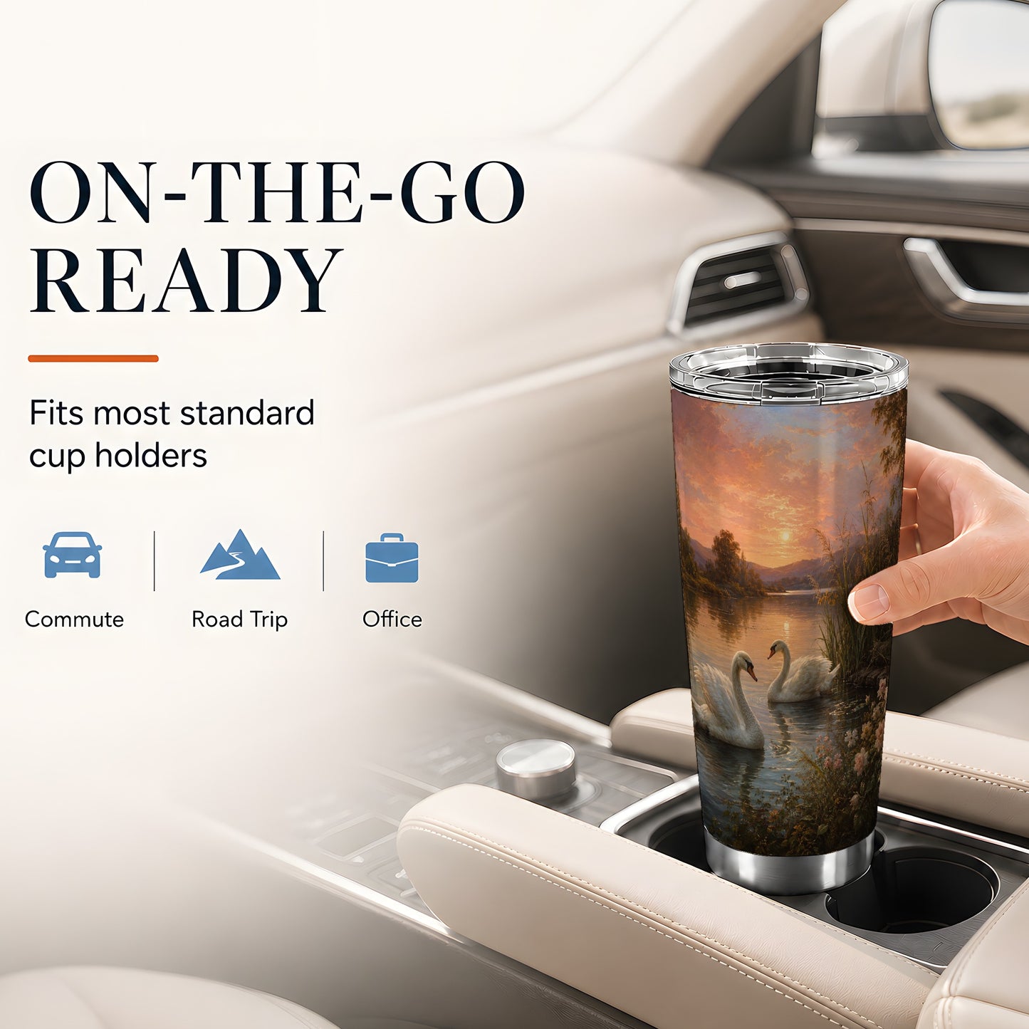 #pl[20oz|Steel] Swan Lake Sunset 20oz Skinny Tumbler, Romantic Roses Water Scene
