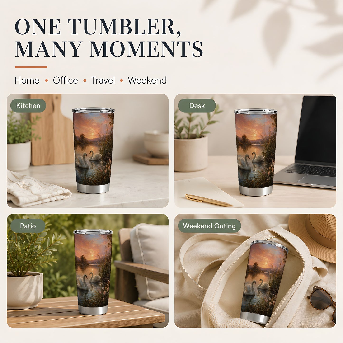 #pl[20oz|Steel] Swan Lake Sunset 20oz Skinny Tumbler, Romantic Roses Water Scene