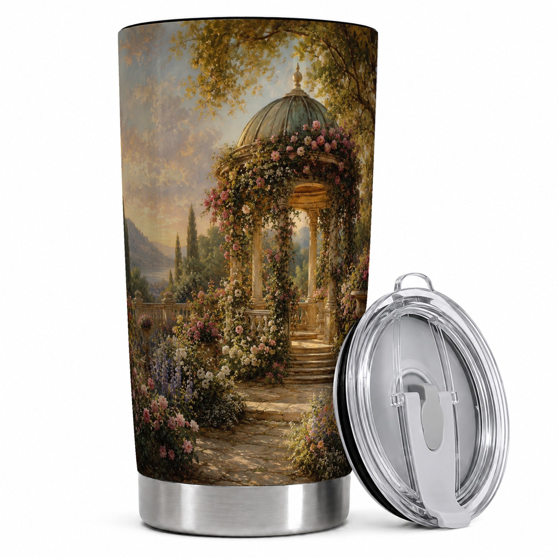 Rose Garden Gazebo 20oz Skinny Tumbler, Romantic Lakeside Scene