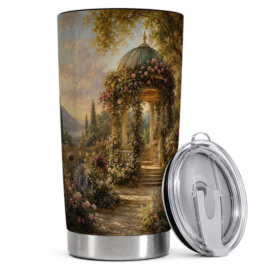Rose Garden Gazebo 20oz Skinny Tumbler, Romantic Lakeside Scene