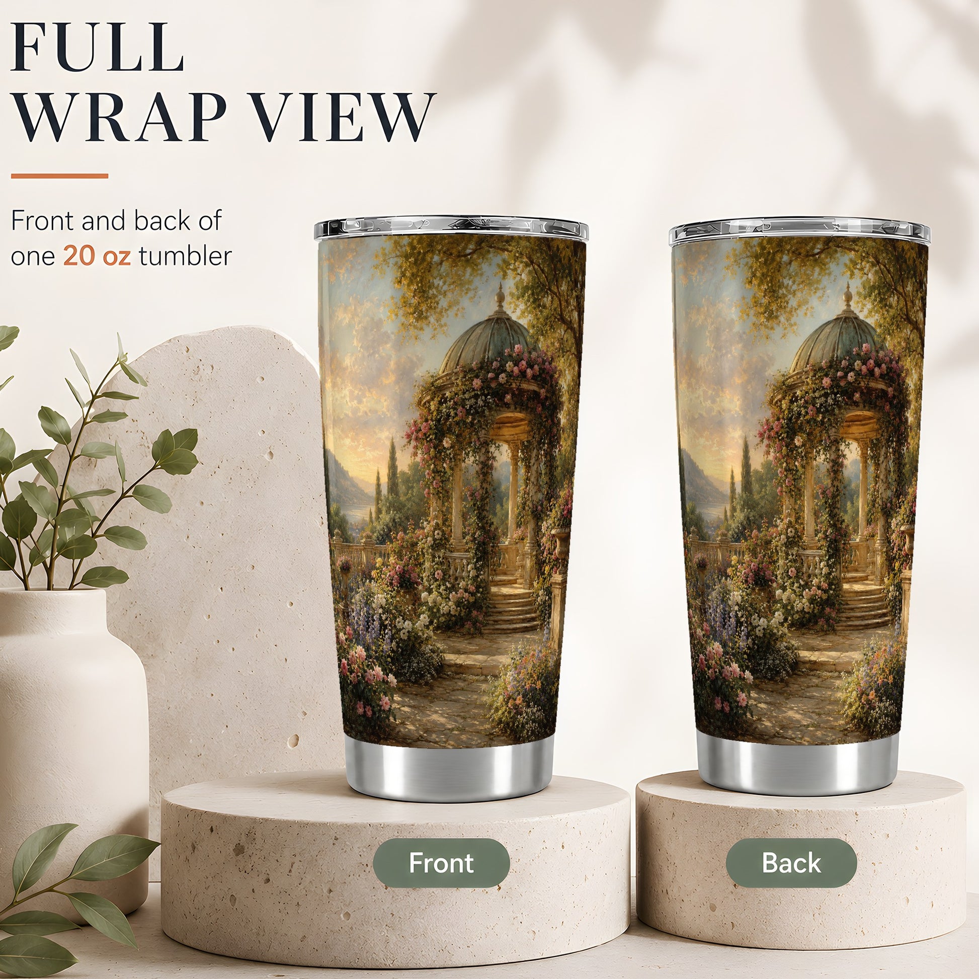 #pl[20oz|Steel] Rose Garden Gazebo 20oz Skinny Tumbler, Romantic Lakeside Scene