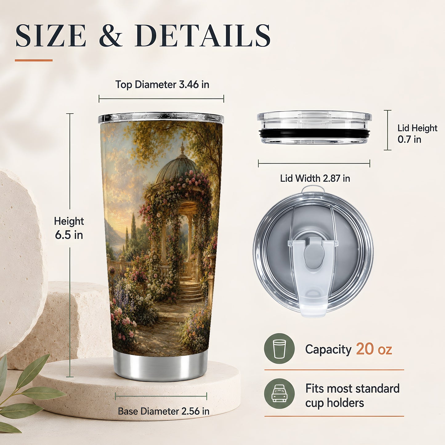 #pl[20oz|Steel] Rose Garden Gazebo 20oz Skinny Tumbler, Romantic Lakeside Scene