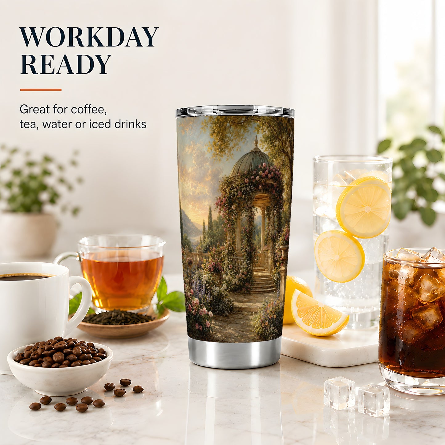 #pl[20oz|Steel] Rose Garden Gazebo 20oz Skinny Tumbler, Romantic Lakeside Scene