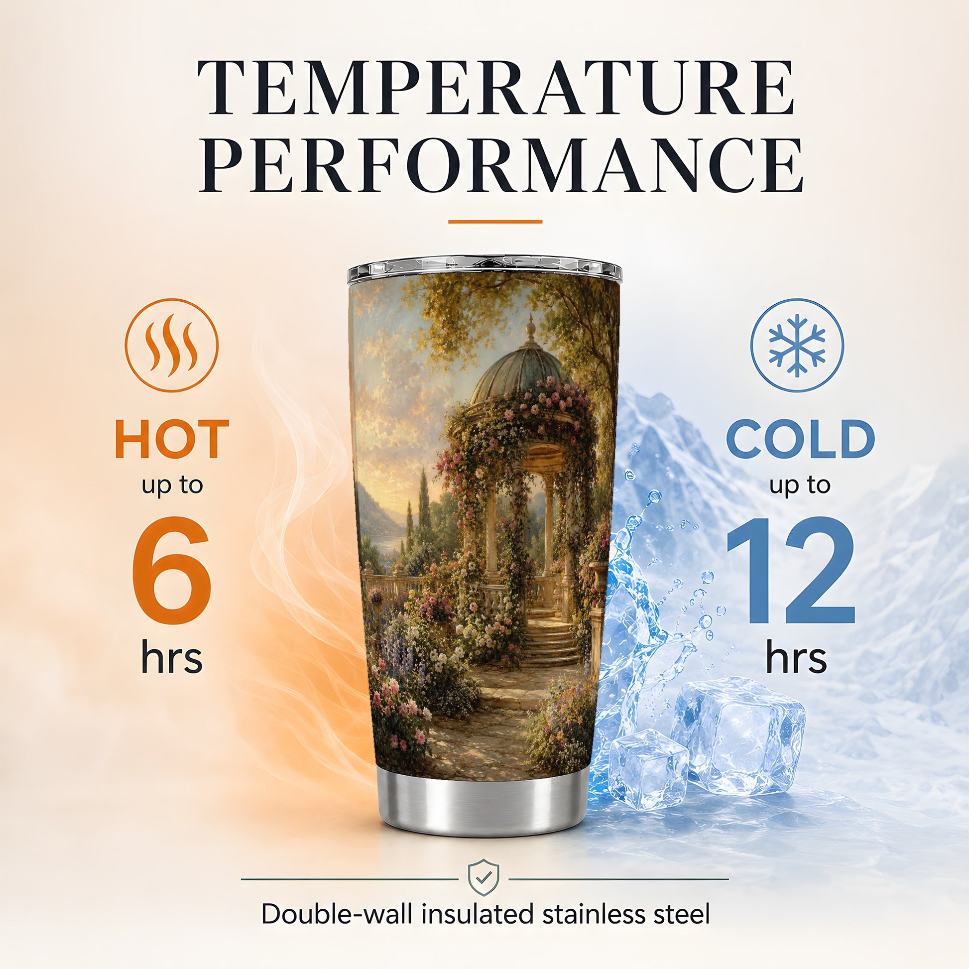 #pl[20oz|Steel] Rose Garden Gazebo 20oz Skinny Tumbler, Romantic Lakeside Scene