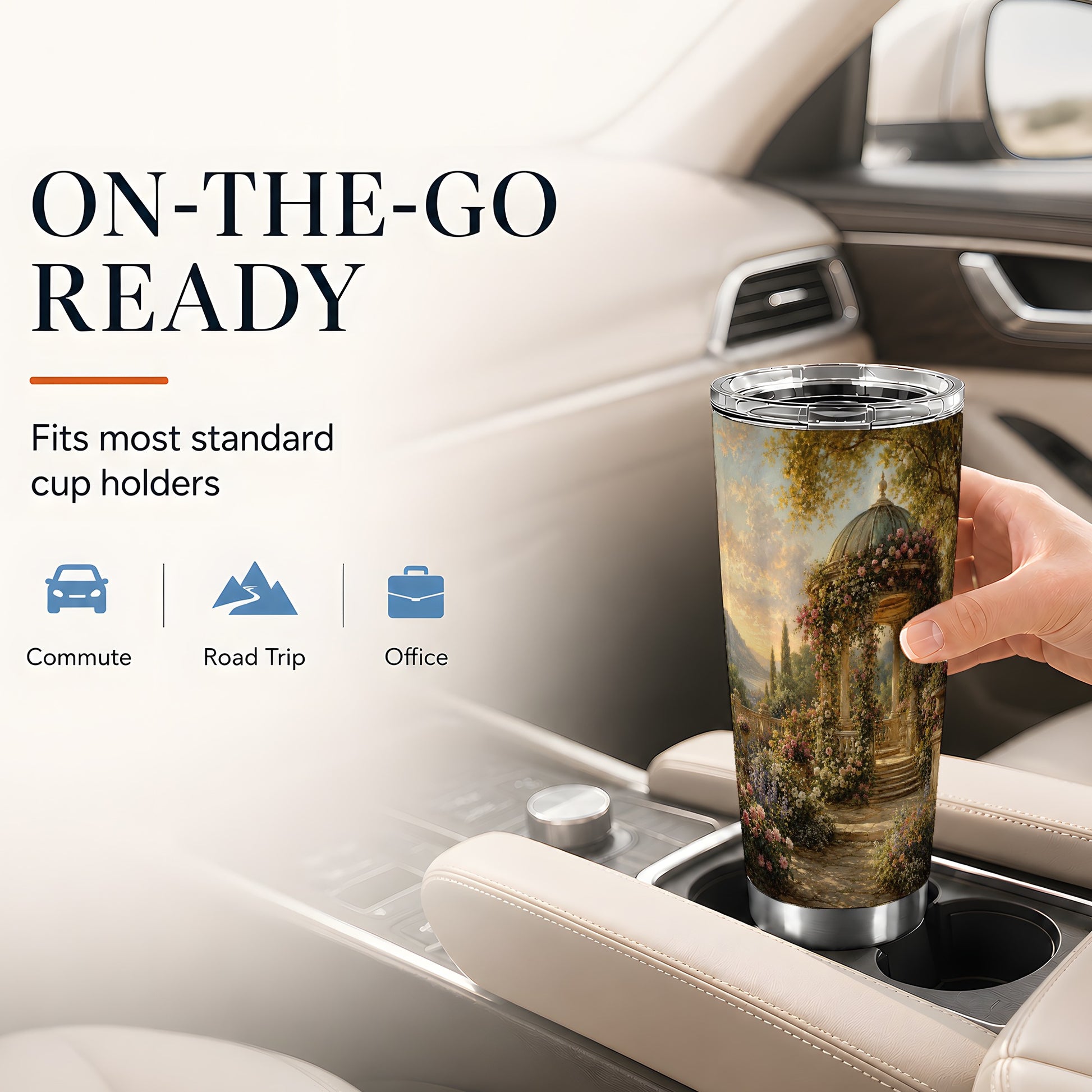 #pl[20oz|Steel] Rose Garden Gazebo 20oz Skinny Tumbler, Romantic Lakeside Scene