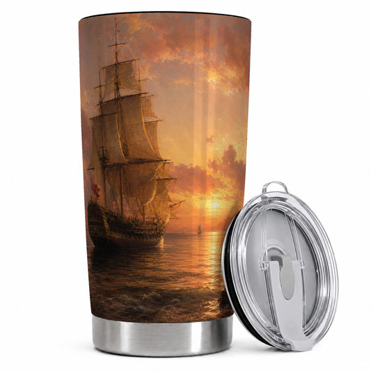 Tall Ship Sunset 20oz Skinny Tumbler, Vintage Sailing Ocean Scene