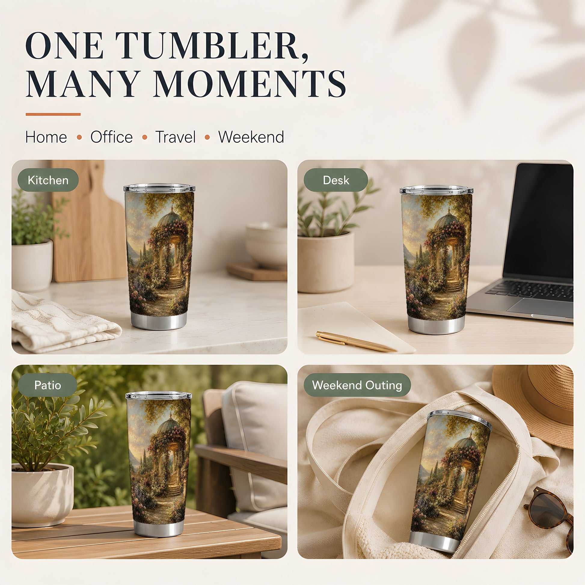 #pl[20oz|Steel] Rose Garden Gazebo 20oz Skinny Tumbler, Romantic Lakeside Scene