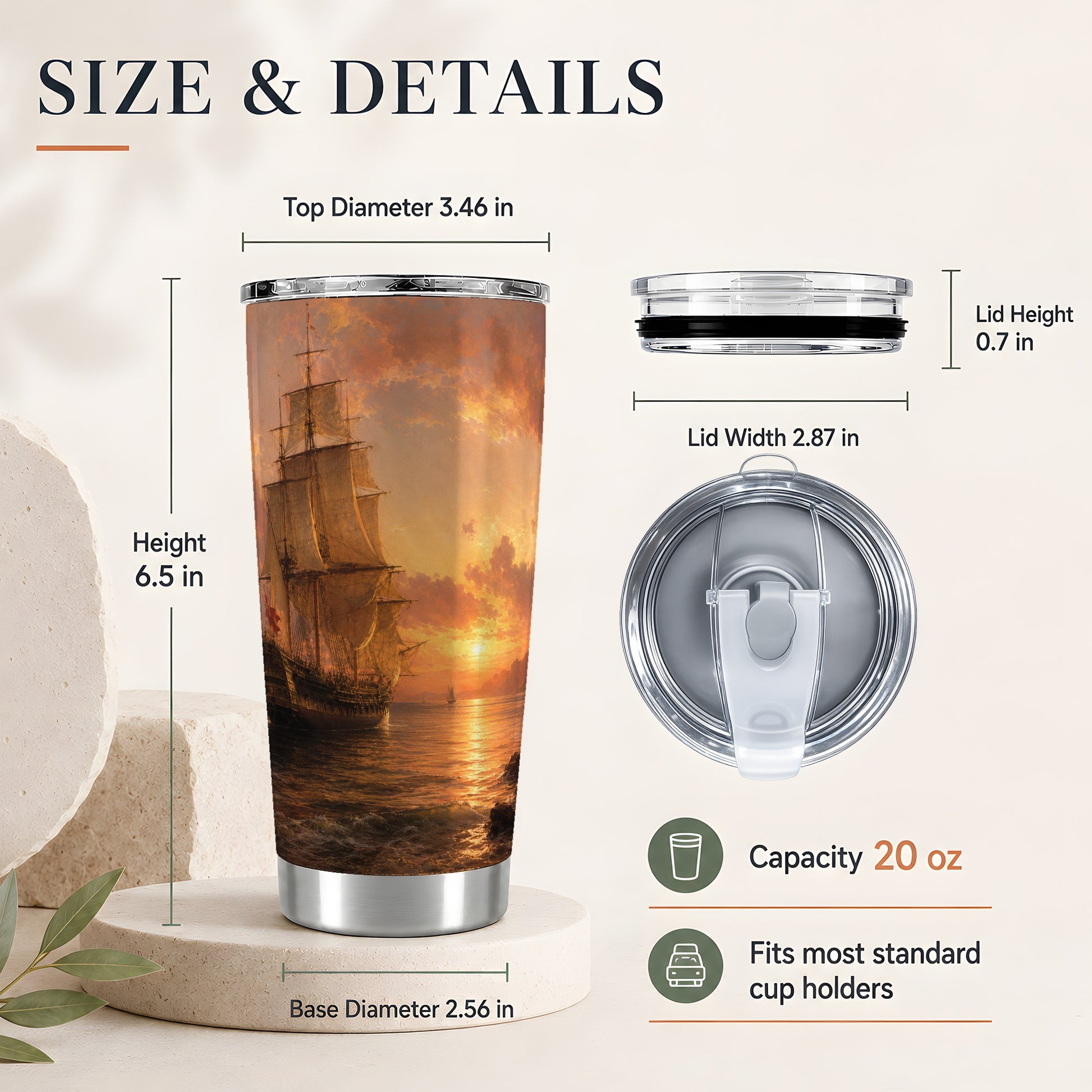 #pl[20oz|Steel] Tall Ship Sunset 20oz Skinny Tumbler, Vintage Sailing Ocean Scene
