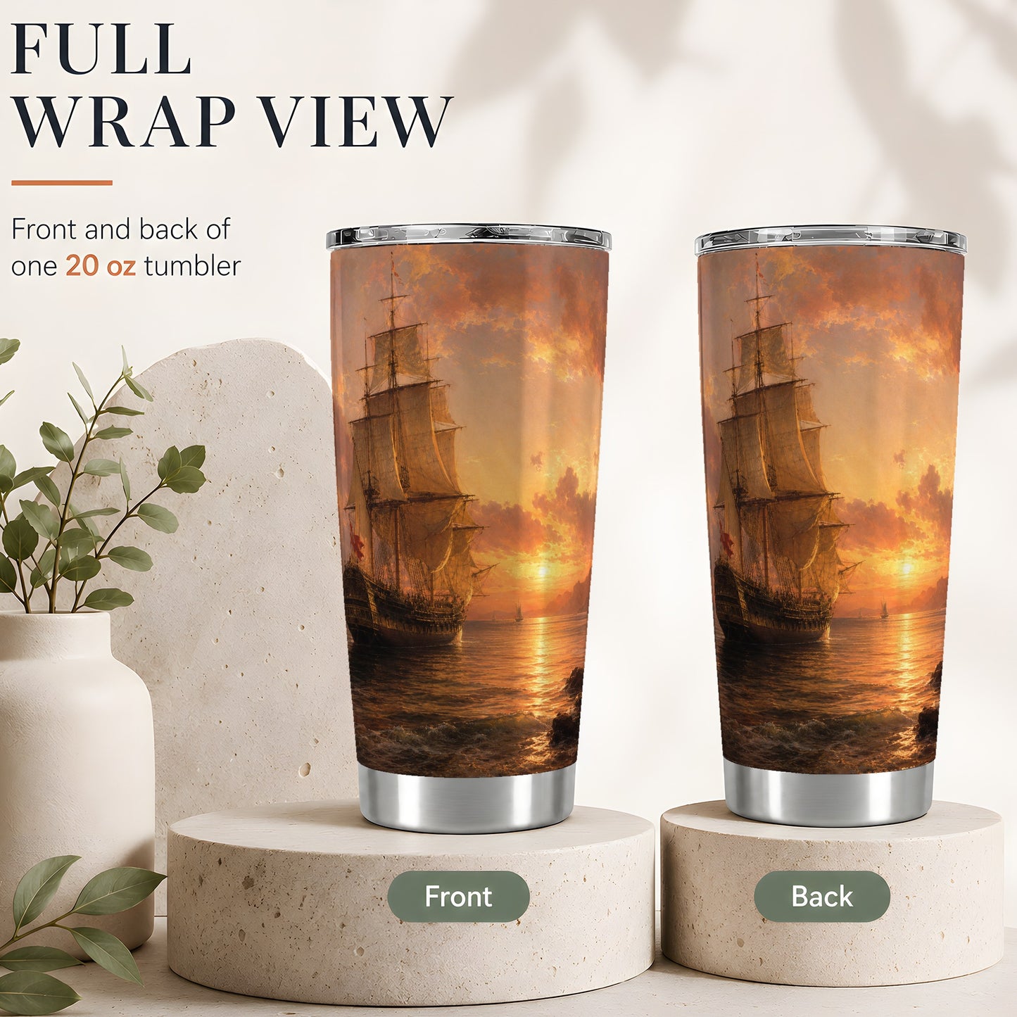 #pl[20oz|Steel] Tall Ship Sunset 20oz Skinny Tumbler, Vintage Sailing Ocean Scene