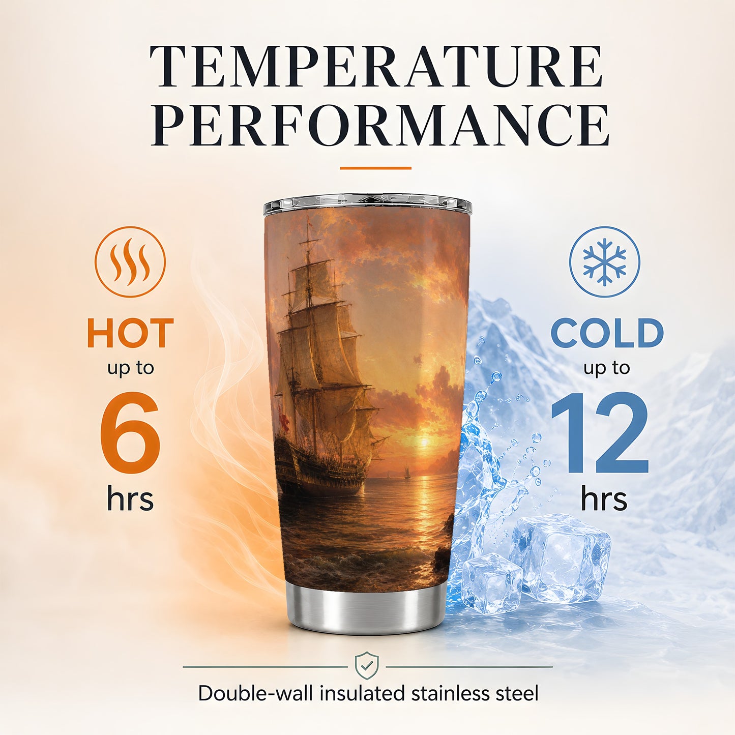 #pl[20oz|Steel] Tall Ship Sunset 20oz Skinny Tumbler, Vintage Sailing Ocean Scene