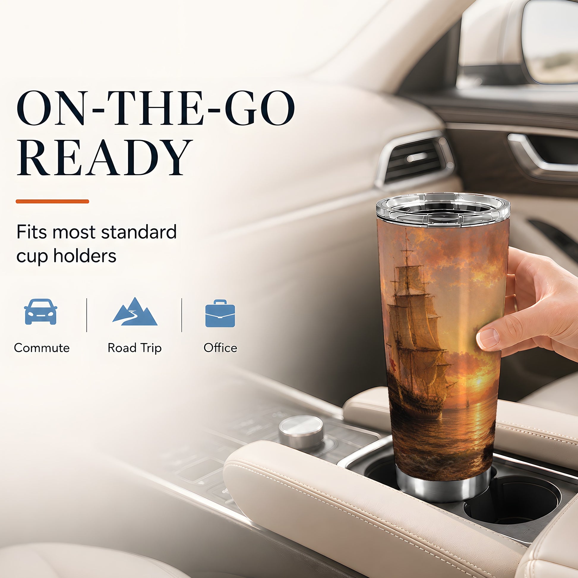 #pl[20oz|Steel] Tall Ship Sunset 20oz Skinny Tumbler, Vintage Sailing Ocean Scene