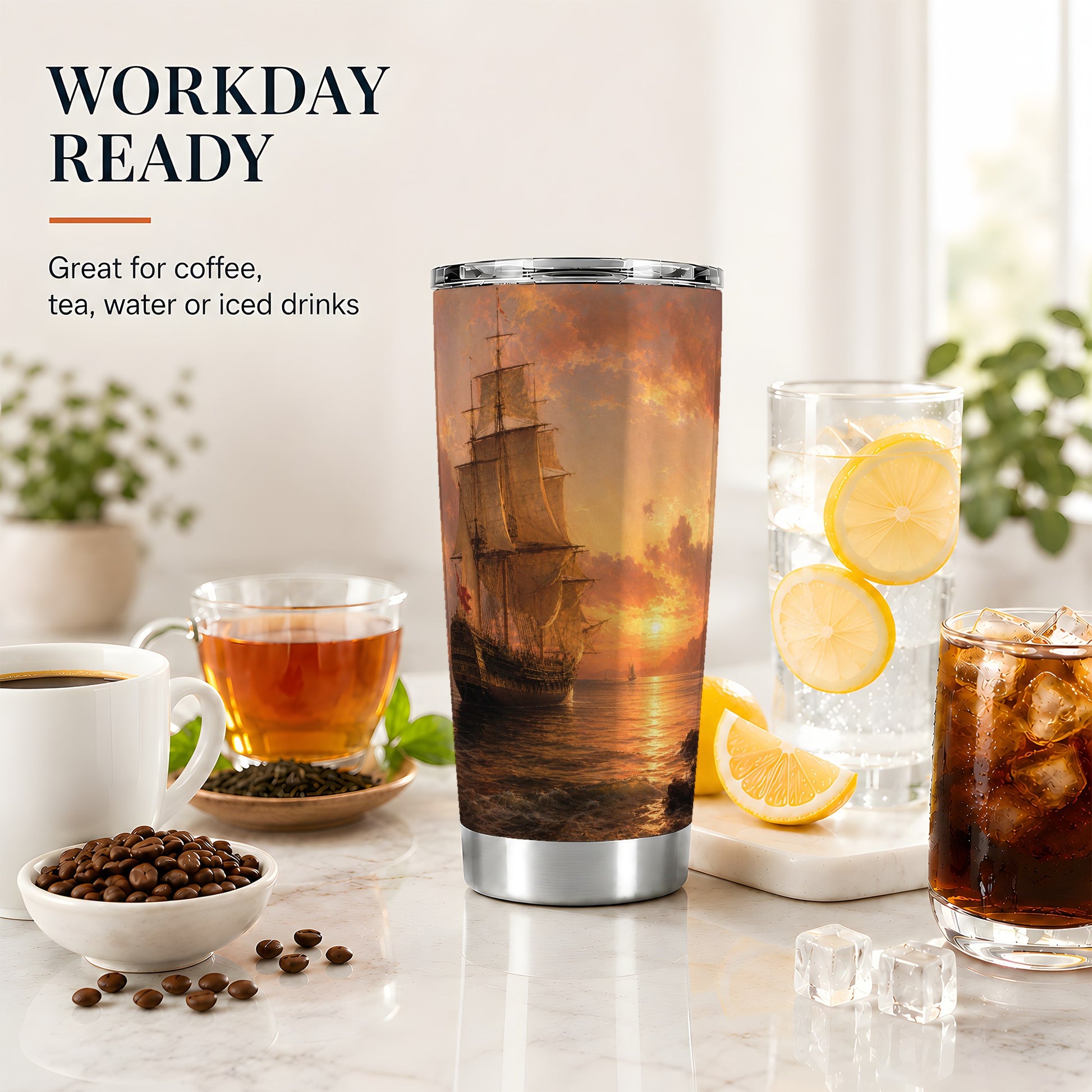 #pl[20oz|Steel] Tall Ship Sunset 20oz Skinny Tumbler, Vintage Sailing Ocean Scene